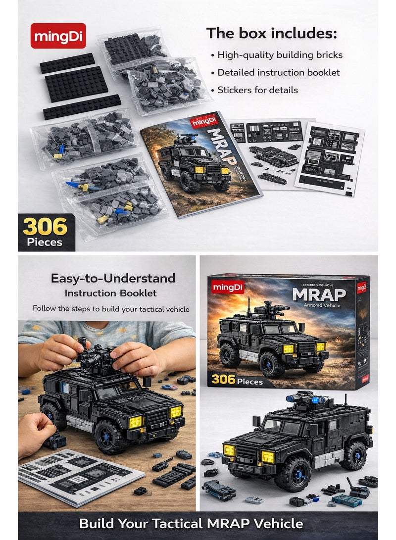 mingDi MRAP Military Armored Vehicle Building Blocks Set – 306 Pieces Construction Brick Car – Army Truck Toy for Kids Ages 6+ – Educational STEM Building Toy – Includes Instruction Manual & Stickers – Gift for Boys - Image 5